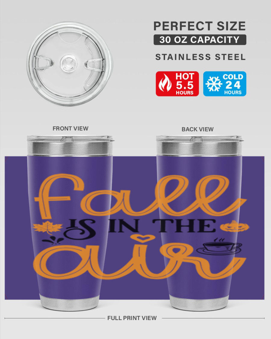 Fallisintheair 20oz tumbler made of stainless steel with a copper lining, featuring a drink-thru lid, perfect for hot and cold beverages.