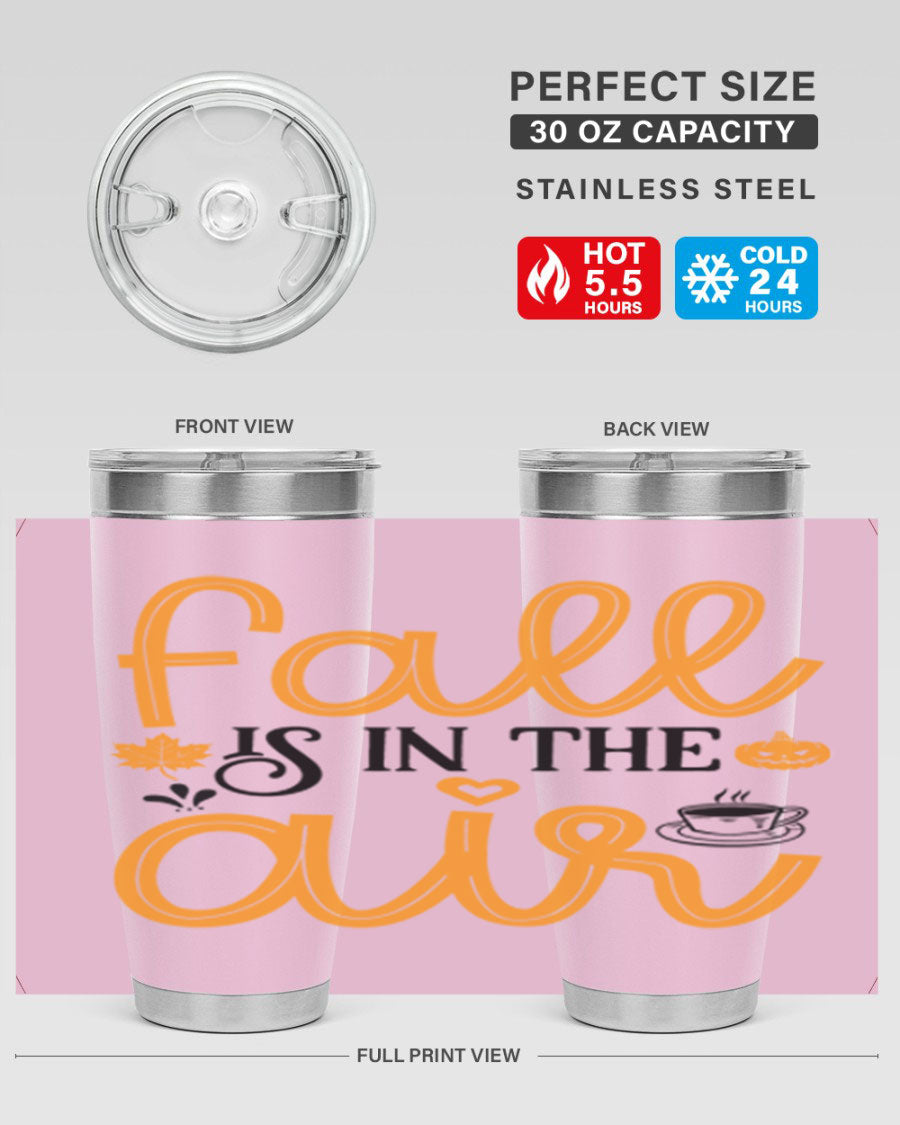 Fallisintheair 20oz tumbler made of stainless steel with a copper lining, featuring a drink-thru lid, perfect for hot and cold beverages.