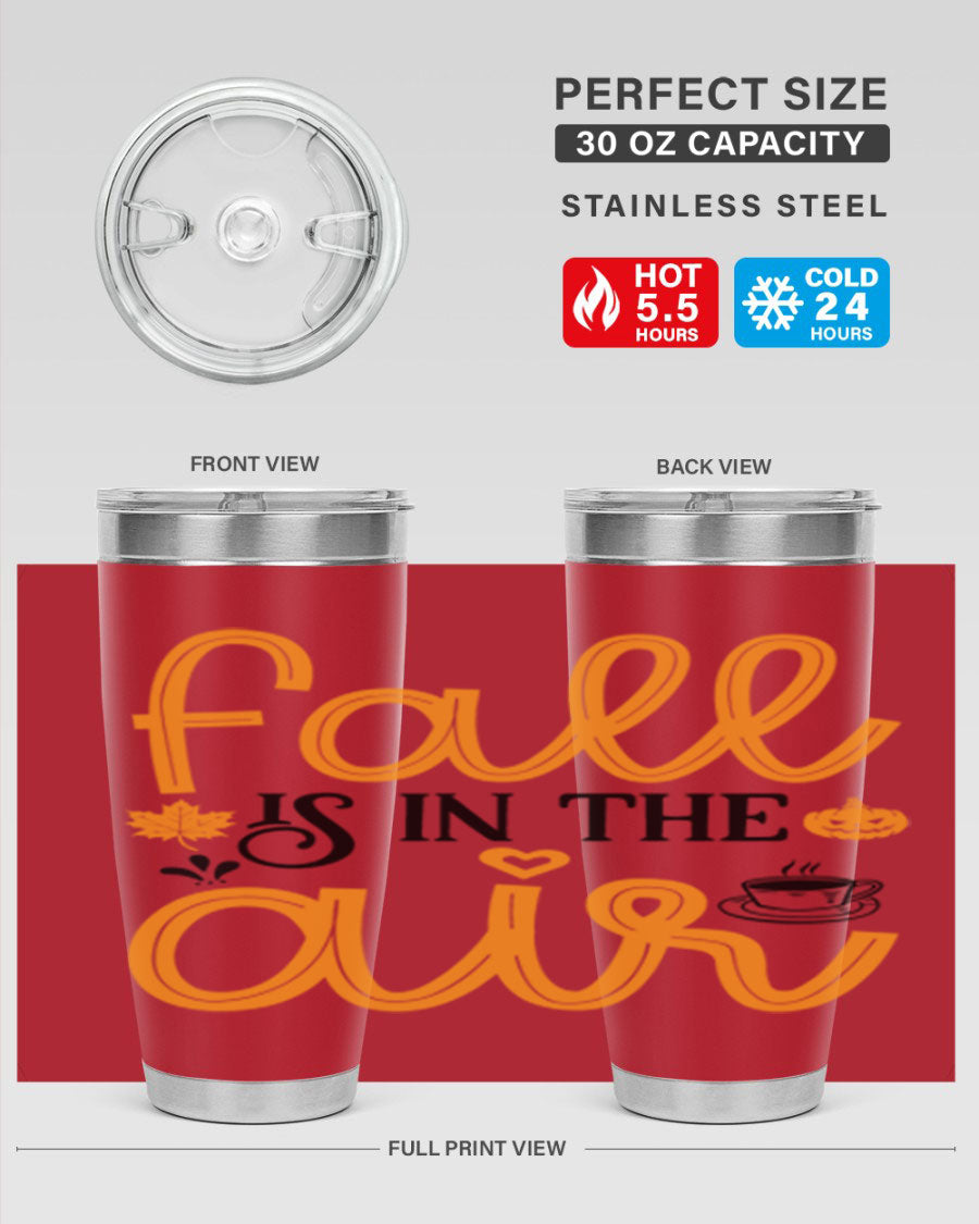 Fallisintheair 20oz tumbler made of stainless steel with a copper lining, featuring a drink-thru lid, perfect for hot and cold beverages.