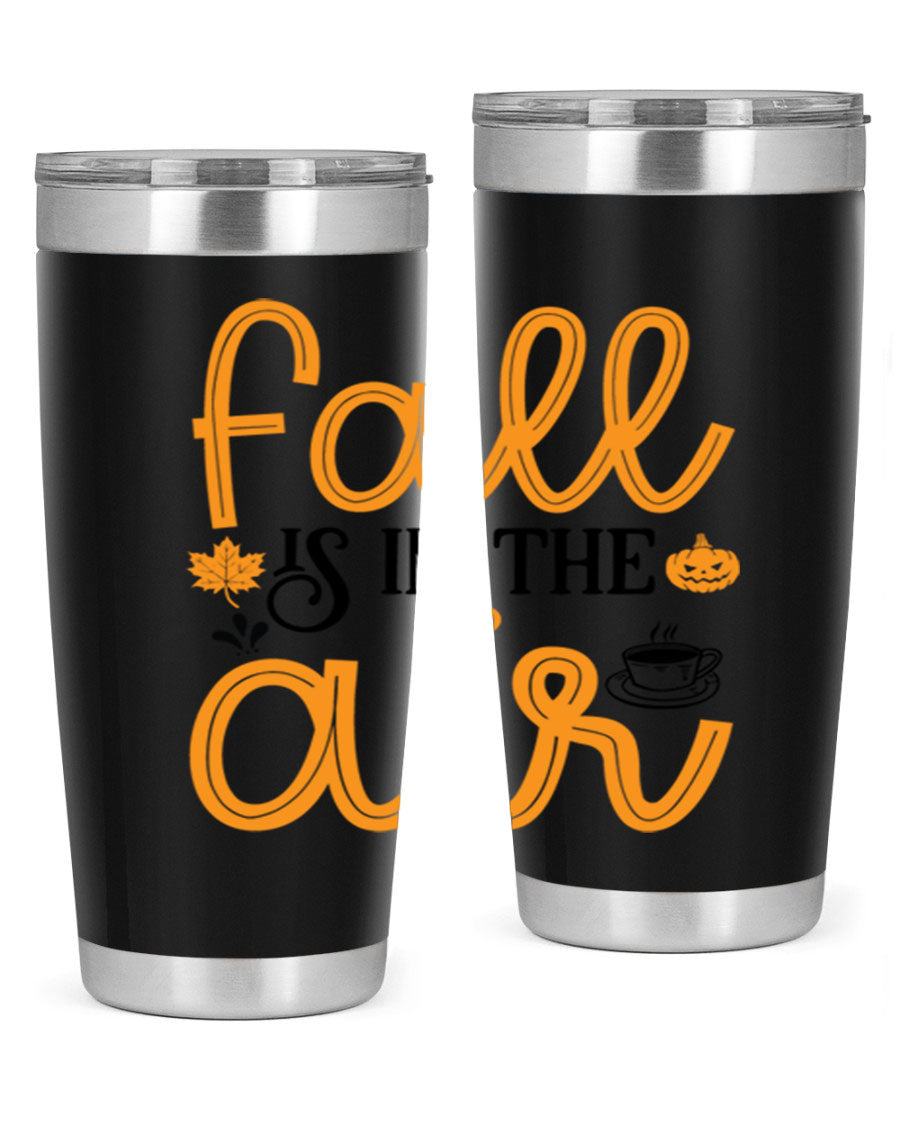 Fallisintheair 20oz tumbler made of stainless steel with a copper lining, featuring a drink-thru lid, perfect for hot and cold beverages.