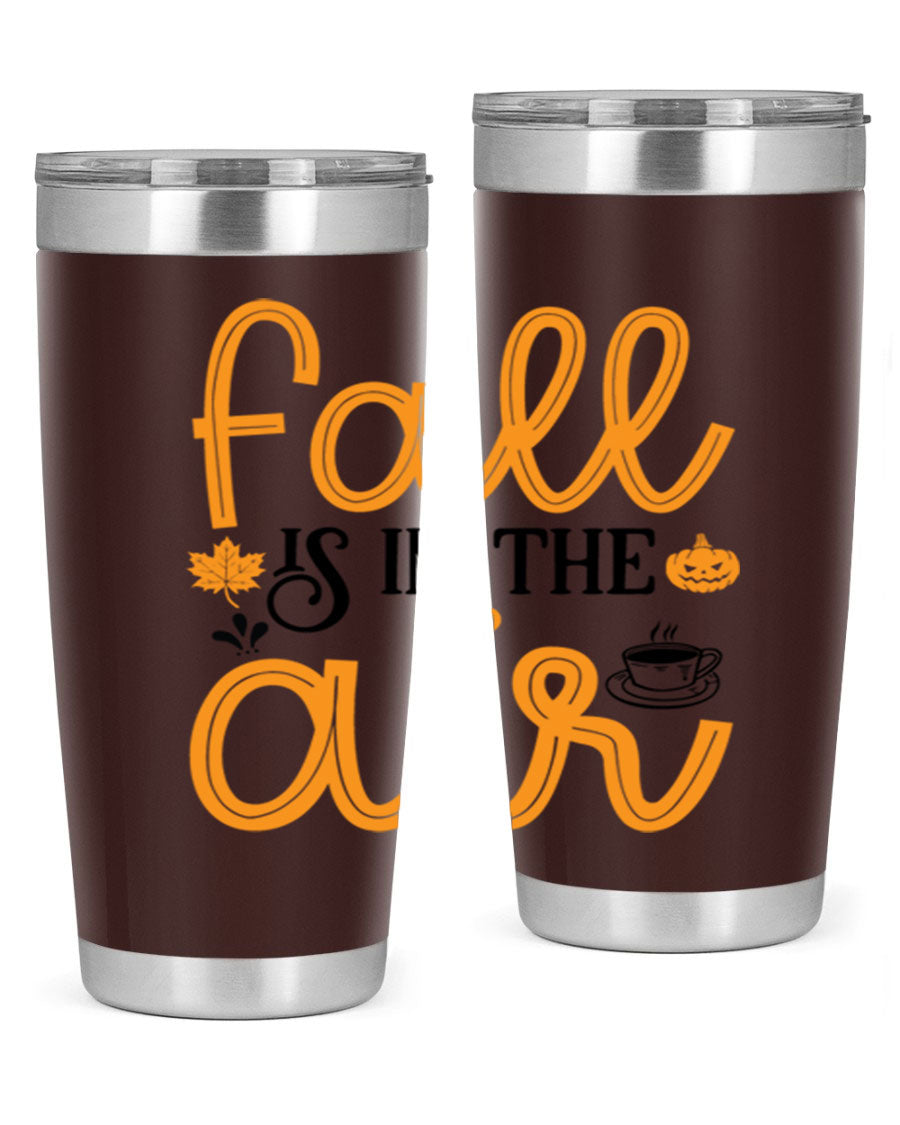 Fallisintheair 20oz tumbler made of stainless steel with a copper lining, featuring a drink-thru lid, perfect for hot and cold beverages.