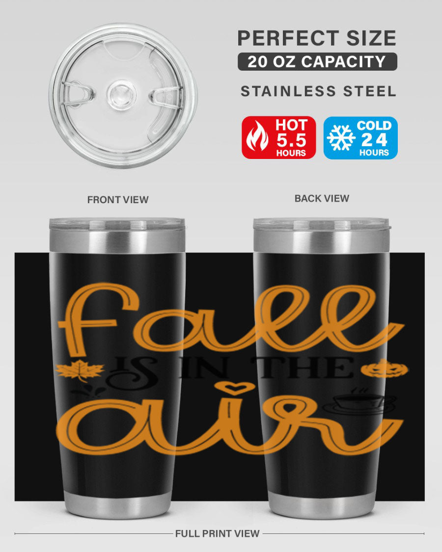 Fallisintheair 20oz tumbler made of stainless steel with a copper lining, featuring a drink-thru lid, perfect for hot and cold beverages.