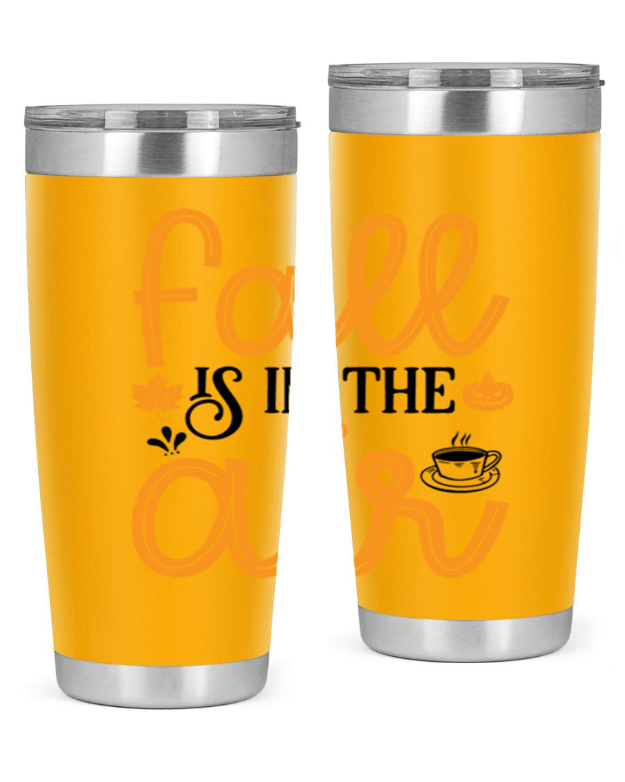 Fallisintheair 20oz tumbler made of stainless steel with a copper lining, featuring a drink-thru lid, perfect for hot and cold beverages.