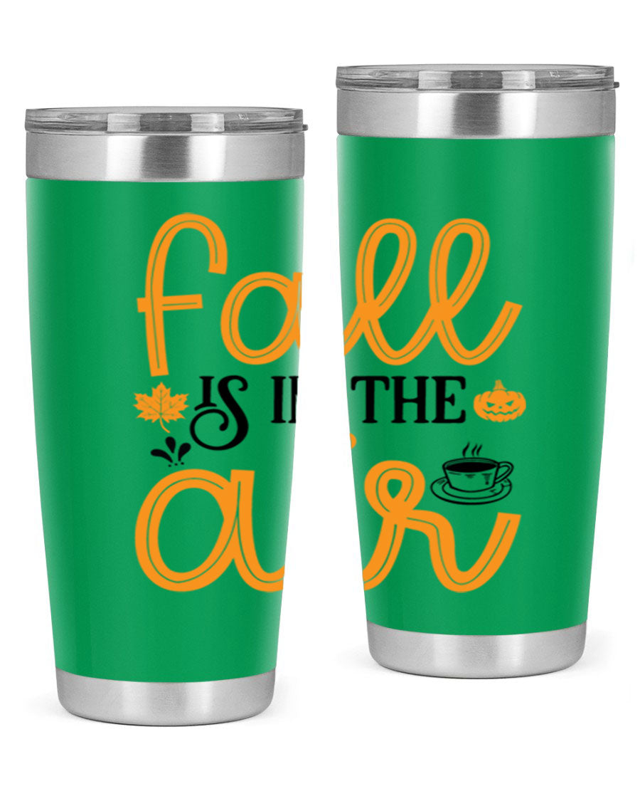 Fallisintheair 20oz tumbler made of stainless steel with a copper lining, featuring a drink-thru lid, perfect for hot and cold beverages.