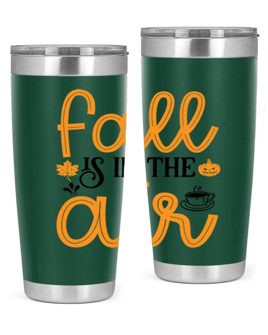 Fallisintheair 20oz tumbler made of stainless steel with a copper lining, featuring a drink-thru lid, perfect for hot and cold beverages.