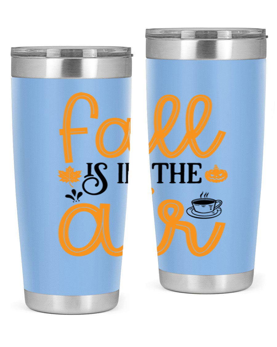 Fallisintheair 20oz tumbler made of stainless steel with a copper lining, featuring a drink-thru lid, perfect for hot and cold beverages.