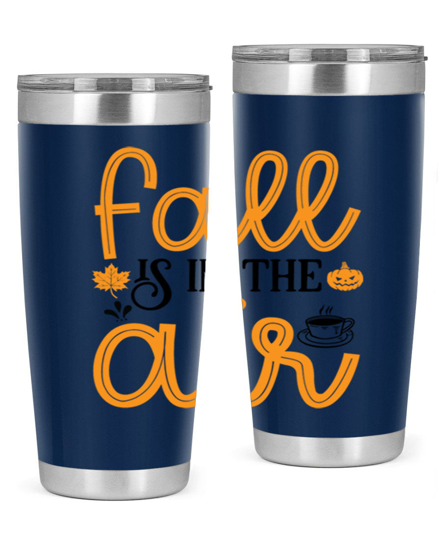 Fallisintheair 20oz tumbler made of stainless steel with a copper lining, featuring a drink-thru lid, perfect for hot and cold beverages.