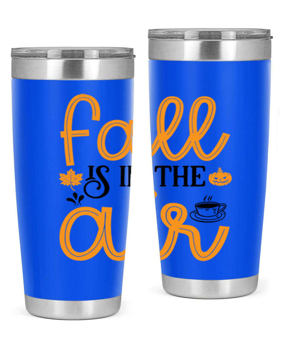 Fallisintheair 20oz tumbler made of stainless steel with a copper lining, featuring a drink-thru lid, perfect for hot and cold beverages.