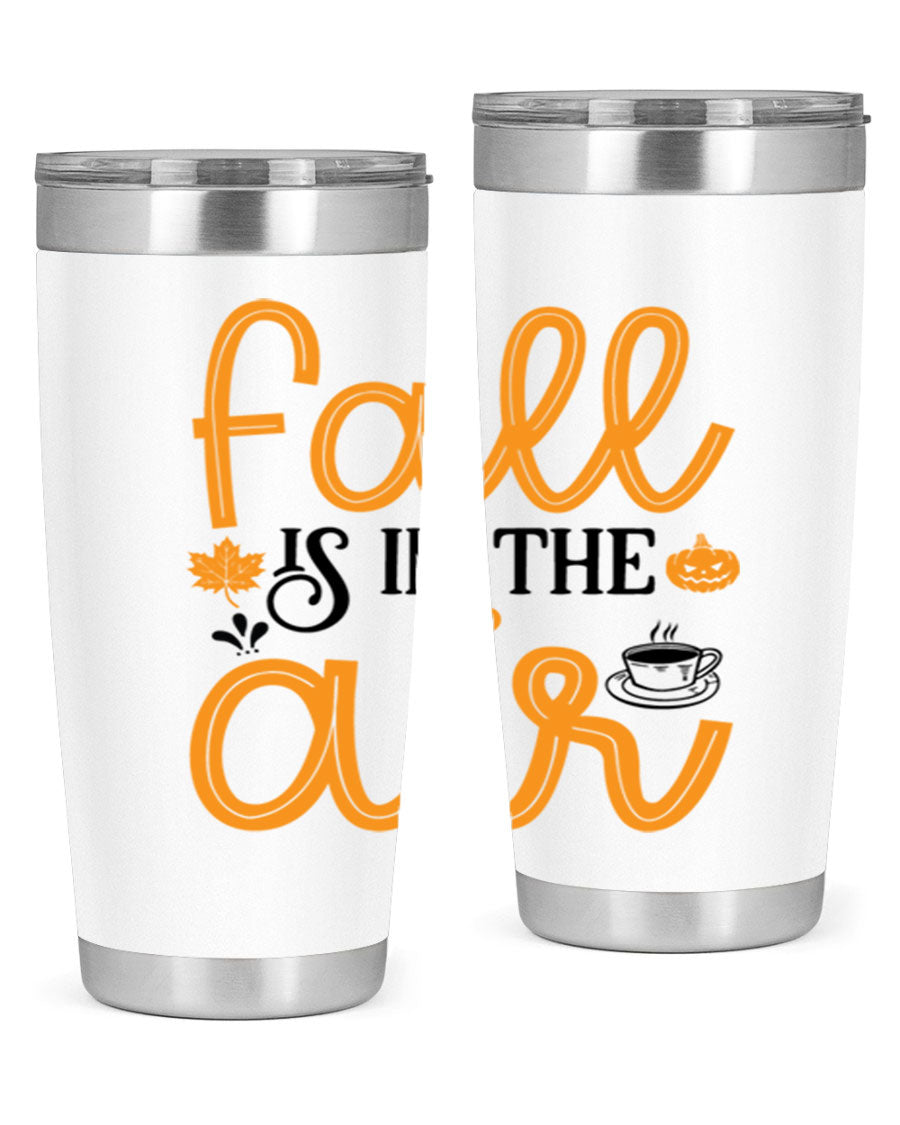 Fallisintheair 20oz tumbler made of stainless steel with a copper lining, featuring a drink-thru lid, perfect for hot and cold beverages.