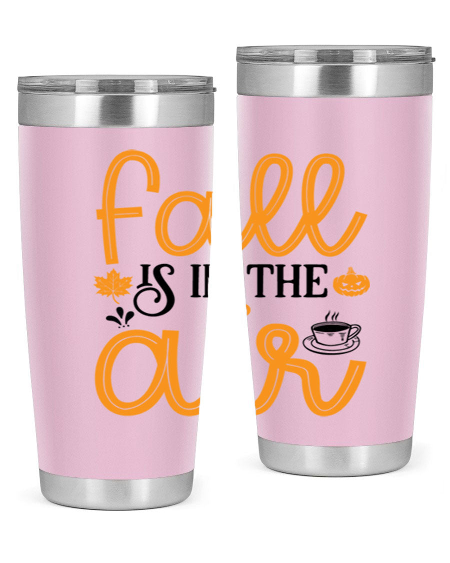 Fallisintheair 20oz tumbler made of stainless steel with a copper lining, featuring a drink-thru lid, perfect for hot and cold beverages.
