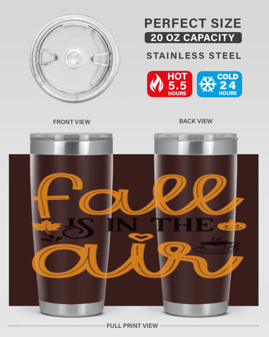 Fallisintheair 20oz tumbler made of stainless steel with a copper lining, featuring a drink-thru lid, perfect for hot and cold beverages.