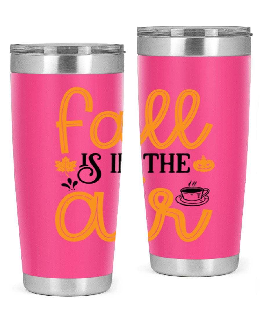 Fallisintheair 20oz tumbler made of stainless steel with a copper lining, featuring a drink-thru lid, perfect for hot and cold beverages.