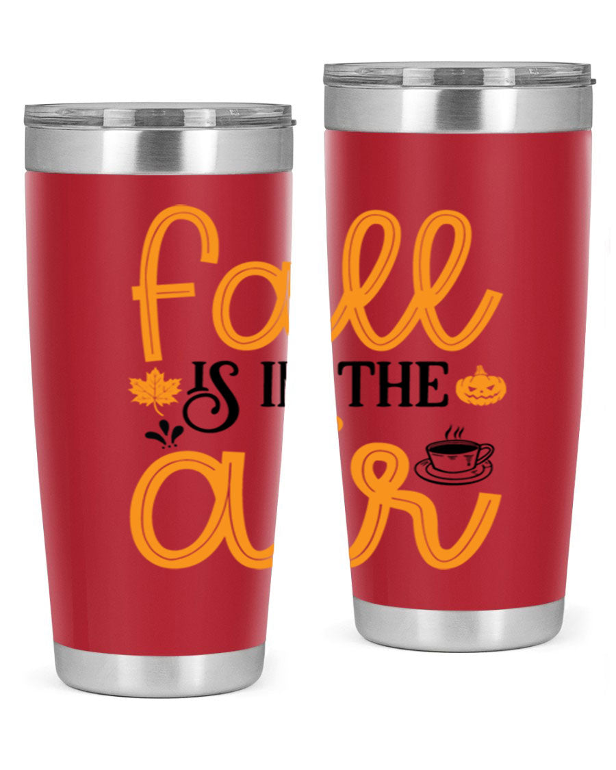 Fallisintheair 20oz tumbler made of stainless steel with a copper lining, featuring a drink-thru lid, perfect for hot and cold beverages.