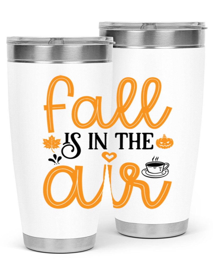 Fallisintheair 20oz tumbler made of stainless steel with a copper lining, featuring a drink-thru lid, perfect for hot and cold beverages.