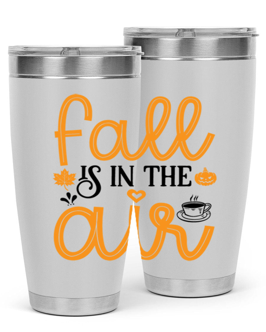 Fallisintheair 20oz tumbler made of stainless steel with a copper lining, featuring a drink-thru lid, perfect for hot and cold beverages.