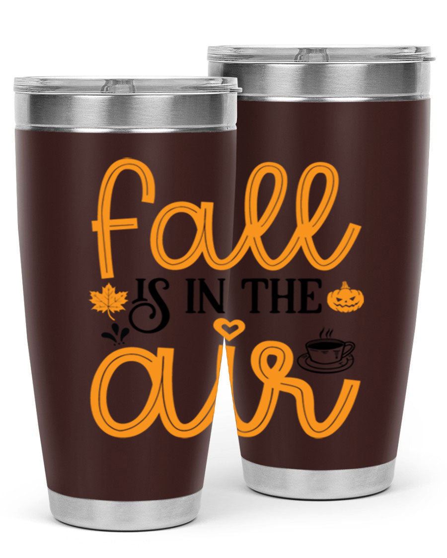 Fallisintheair 20oz tumbler made of stainless steel with a copper lining, featuring a drink-thru lid, perfect for hot and cold beverages.