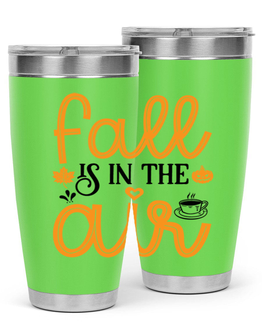 Fallisintheair 20oz tumbler made of stainless steel with a copper lining, featuring a drink-thru lid, perfect for hot and cold beverages.