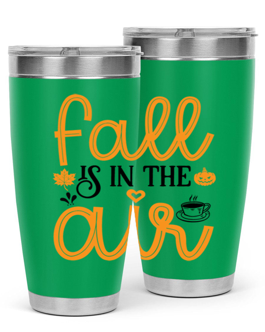 Fallisintheair 20oz tumbler made of stainless steel with a copper lining, featuring a drink-thru lid, perfect for hot and cold beverages.