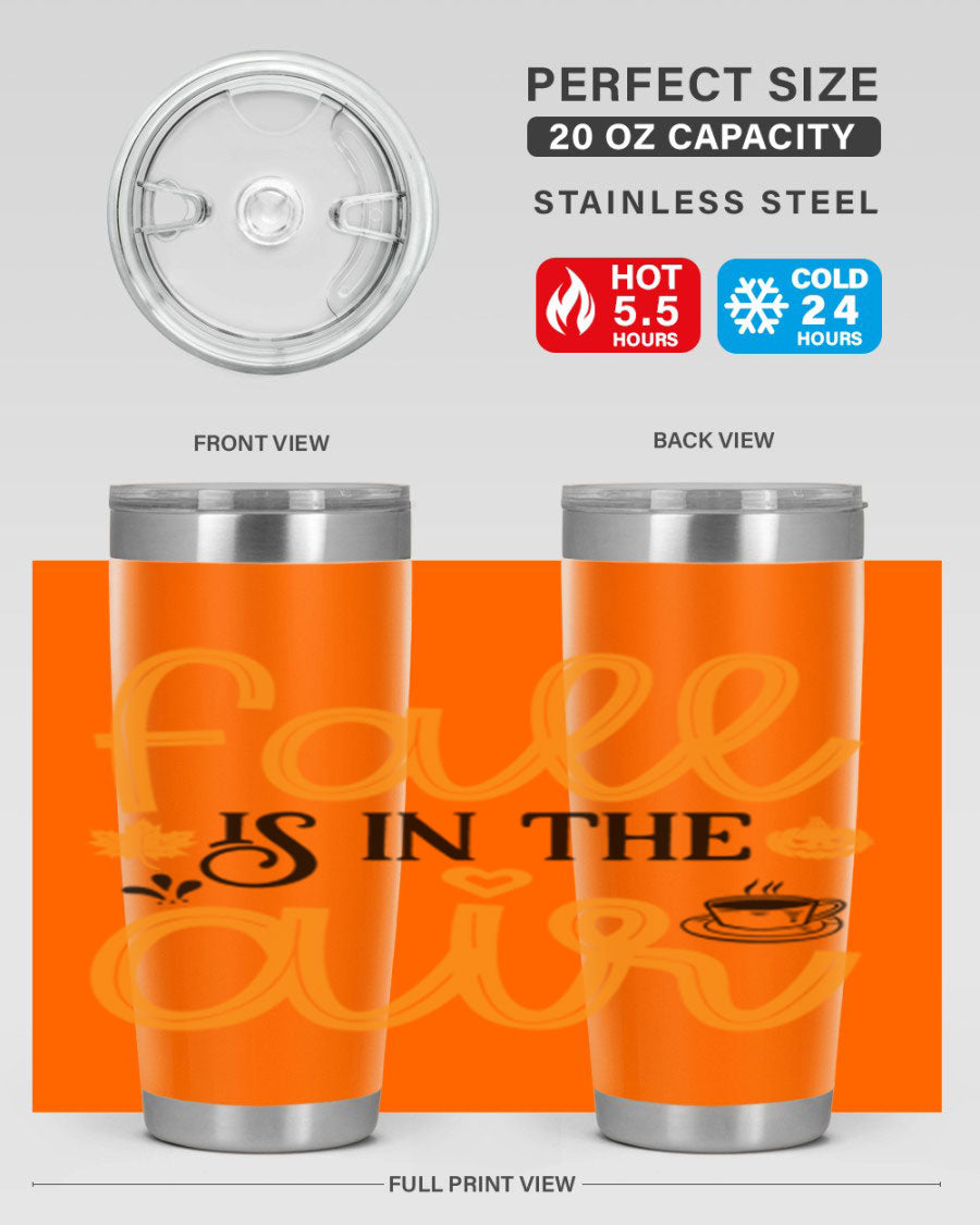 Fallisintheair 20oz tumbler made of stainless steel with a copper lining, featuring a drink-thru lid, perfect for hot and cold beverages.