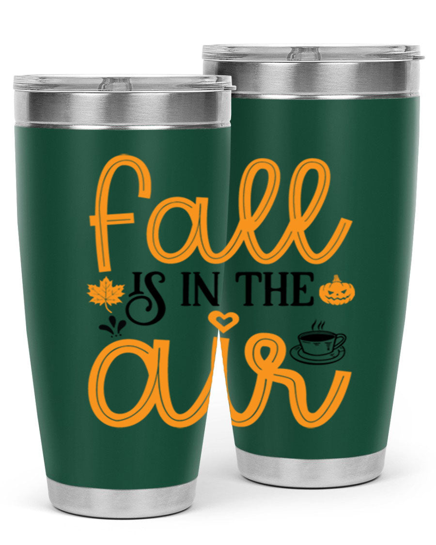 Fallisintheair 20oz tumbler made of stainless steel with a copper lining, featuring a drink-thru lid, perfect for hot and cold beverages.