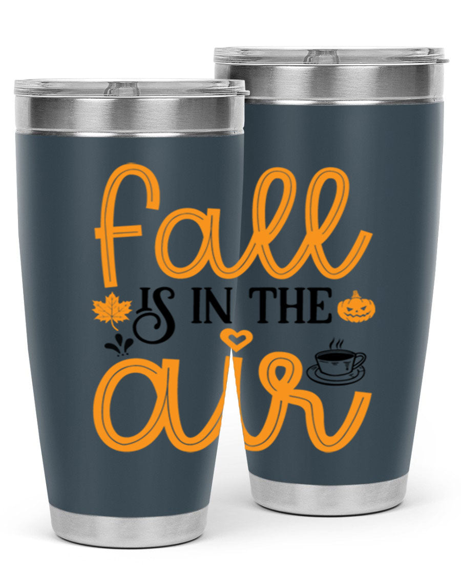 Fallisintheair 20oz tumbler made of stainless steel with a copper lining, featuring a drink-thru lid, perfect for hot and cold beverages.