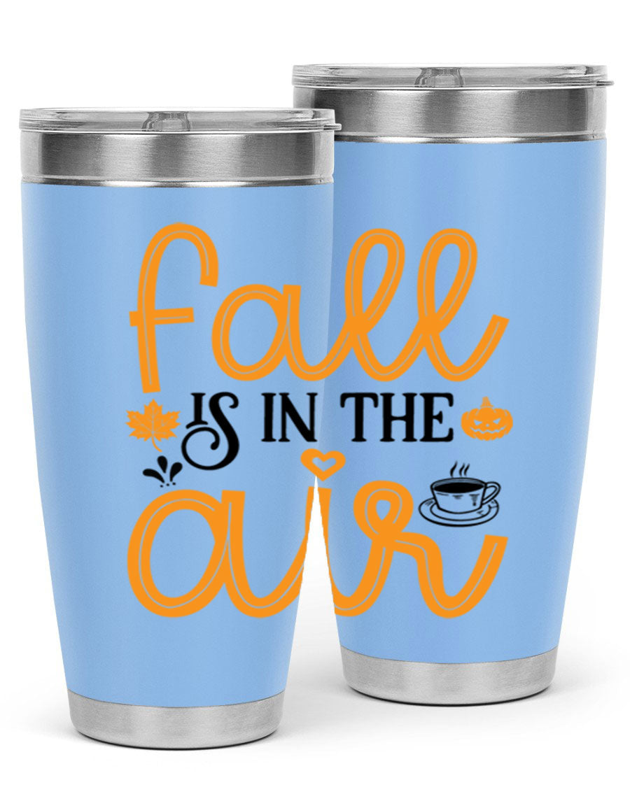 Fallisintheair 20oz tumbler made of stainless steel with a copper lining, featuring a drink-thru lid, perfect for hot and cold beverages.