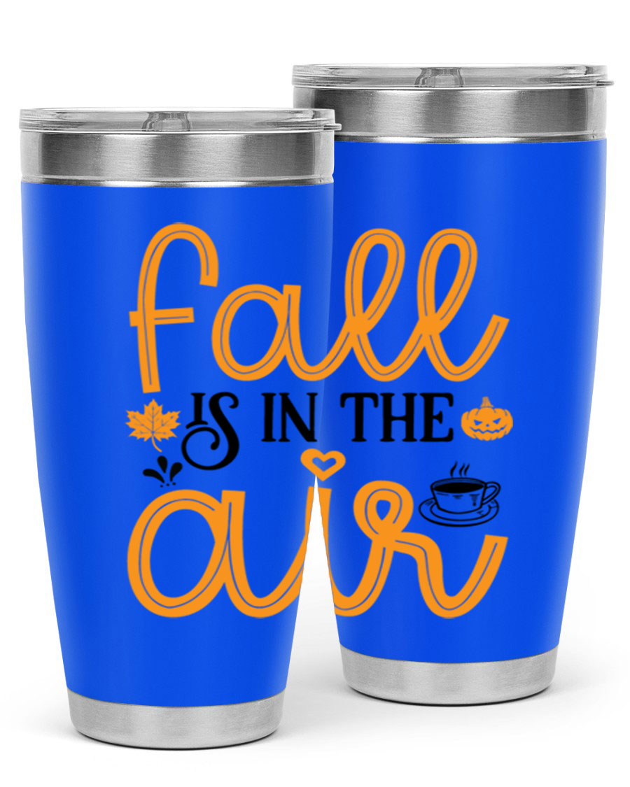 Fallisintheair 20oz tumbler made of stainless steel with a copper lining, featuring a drink-thru lid, perfect for hot and cold beverages.