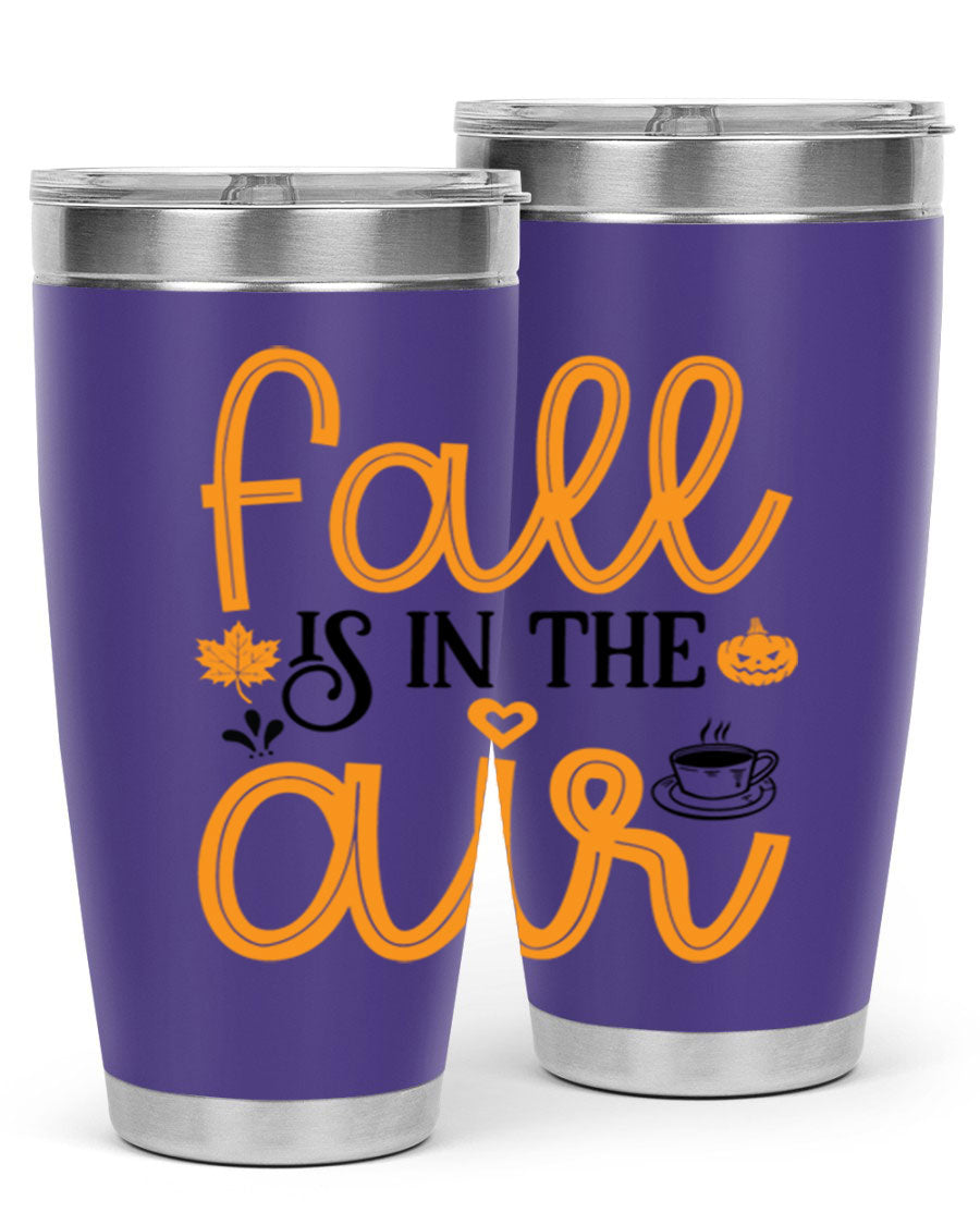 Fallisintheair 20oz tumbler made of stainless steel with a copper lining, featuring a drink-thru lid, perfect for hot and cold beverages.
