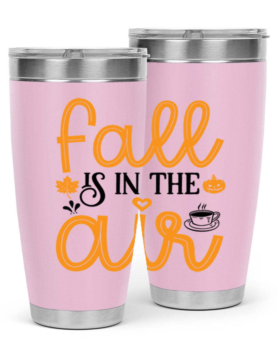 Fallisintheair 20oz tumbler made of stainless steel with a copper lining, featuring a drink-thru lid, perfect for hot and cold beverages.