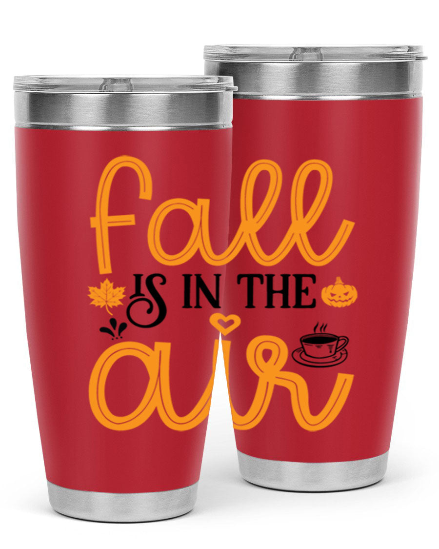 Fallisintheair 20oz tumbler made of stainless steel with a copper lining, featuring a drink-thru lid, perfect for hot and cold beverages.