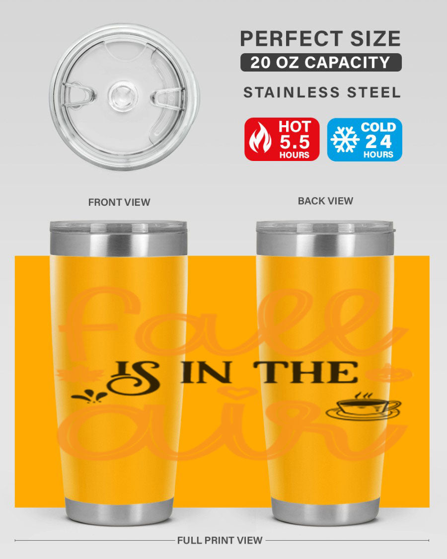 Fallisintheair 20oz tumbler made of stainless steel with a copper lining, featuring a drink-thru lid, perfect for hot and cold beverages.