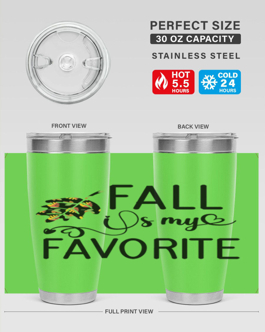 Fallismyfavorite 20oz tumbler made of stainless steel with a copper lining, featuring a press-in drink-thru lid, ideal for hot and cold beverages.