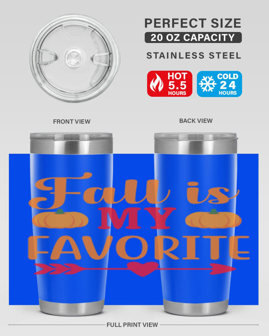 FallisMyFavorite 20oz tumbler in stainless steel with a drink-thru lid, showcasing its sleek design and insulation features.