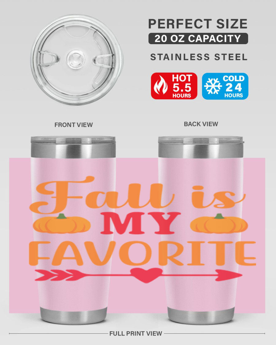 FallisMyFavorite 20oz tumbler in stainless steel with a drink-thru lid, showcasing its sleek design and insulation features.