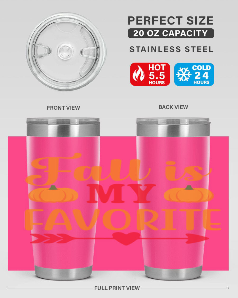 FallisMyFavorite 20oz tumbler in stainless steel with a drink-thru lid, showcasing its sleek design and insulation features.