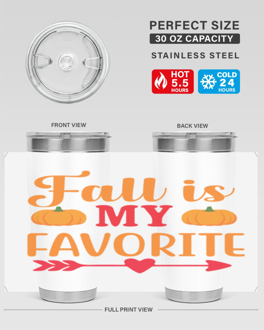 FallisMyFavorite 20oz tumbler in stainless steel with a drink-thru lid, showcasing its sleek design and insulation features.
