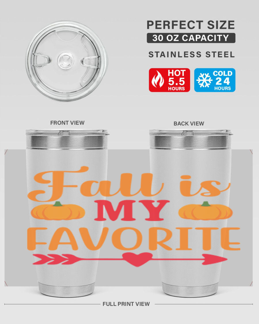 FallisMyFavorite 20oz tumbler in stainless steel with a drink-thru lid, showcasing its sleek design and insulation features.