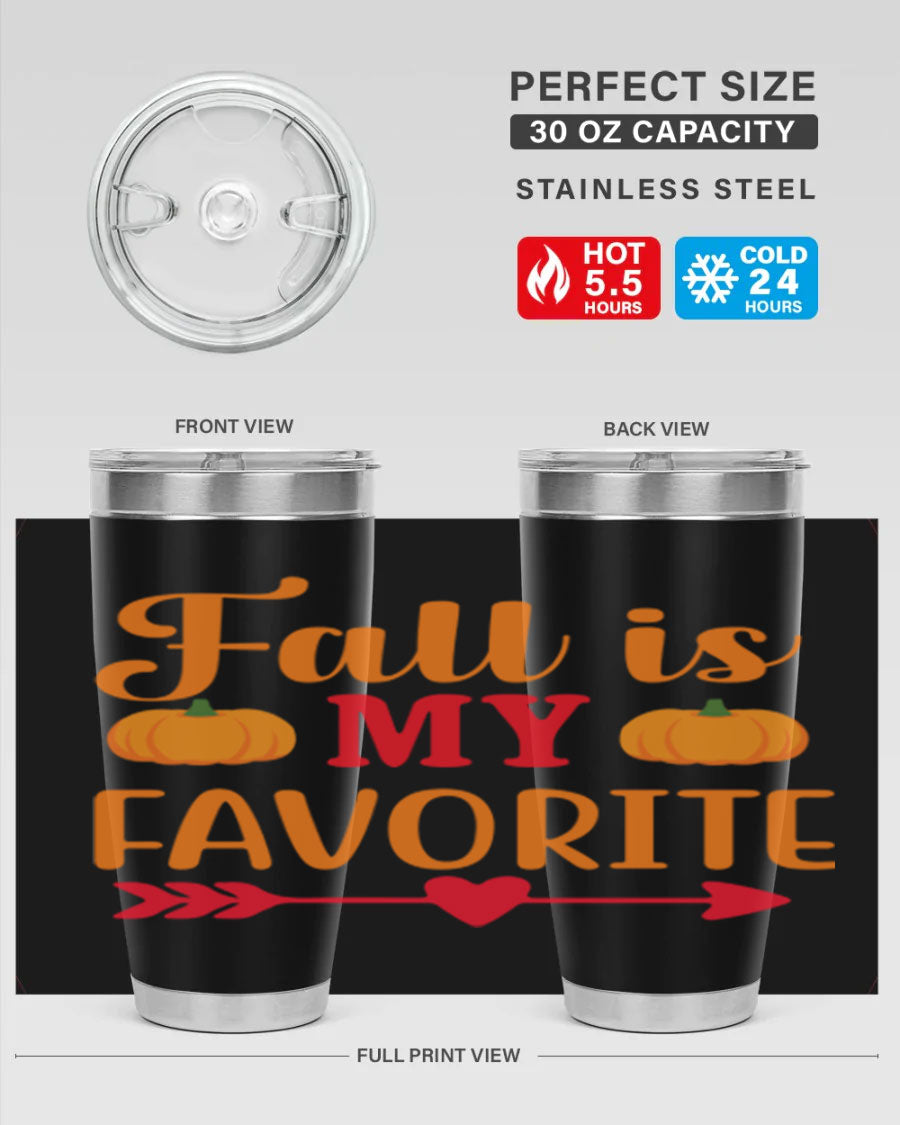 FallisMyFavorite 20oz tumbler in stainless steel with a drink-thru lid, showcasing its sleek design and insulation features.