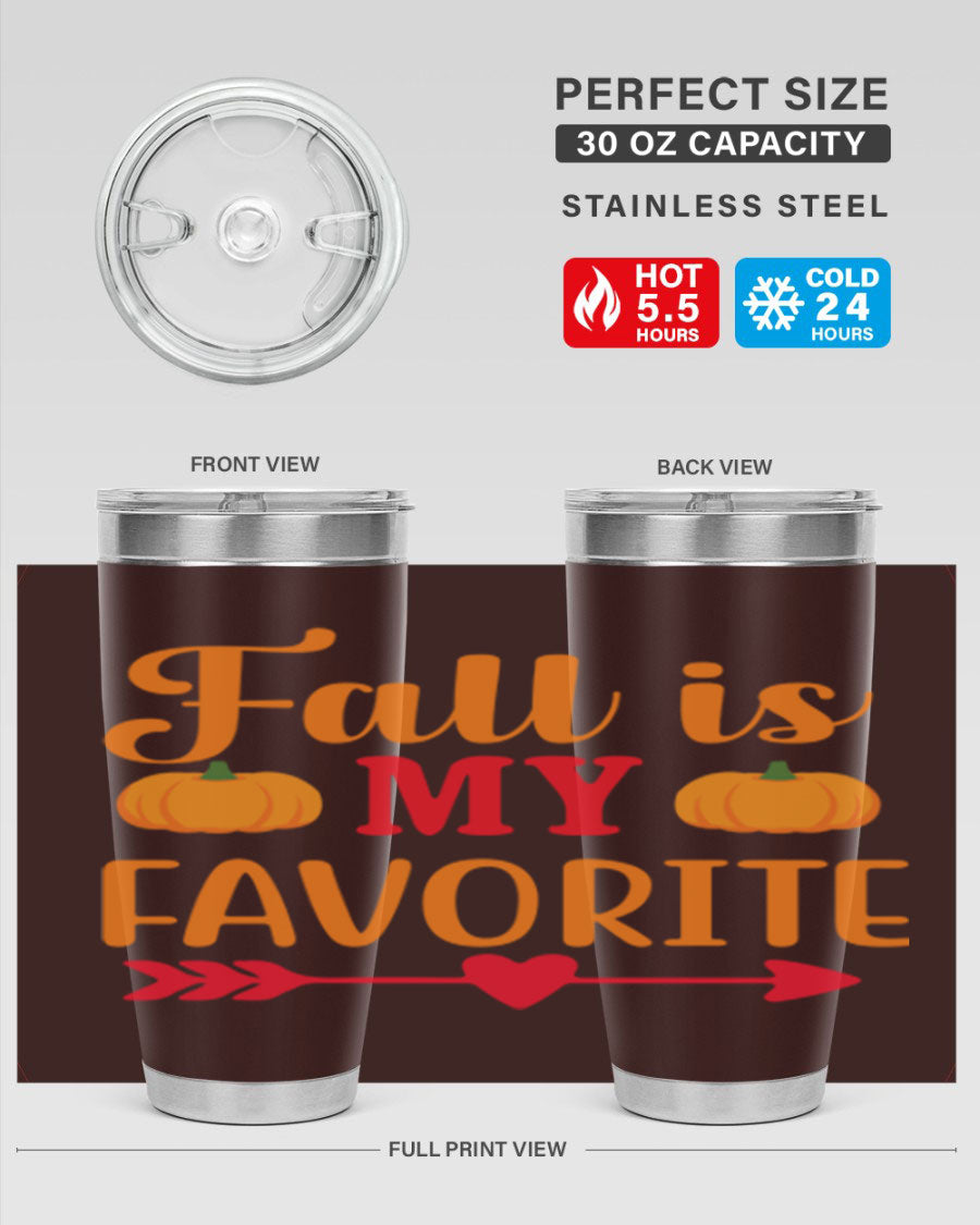 FallisMyFavorite 20oz tumbler in stainless steel with a drink-thru lid, showcasing its sleek design and insulation features.