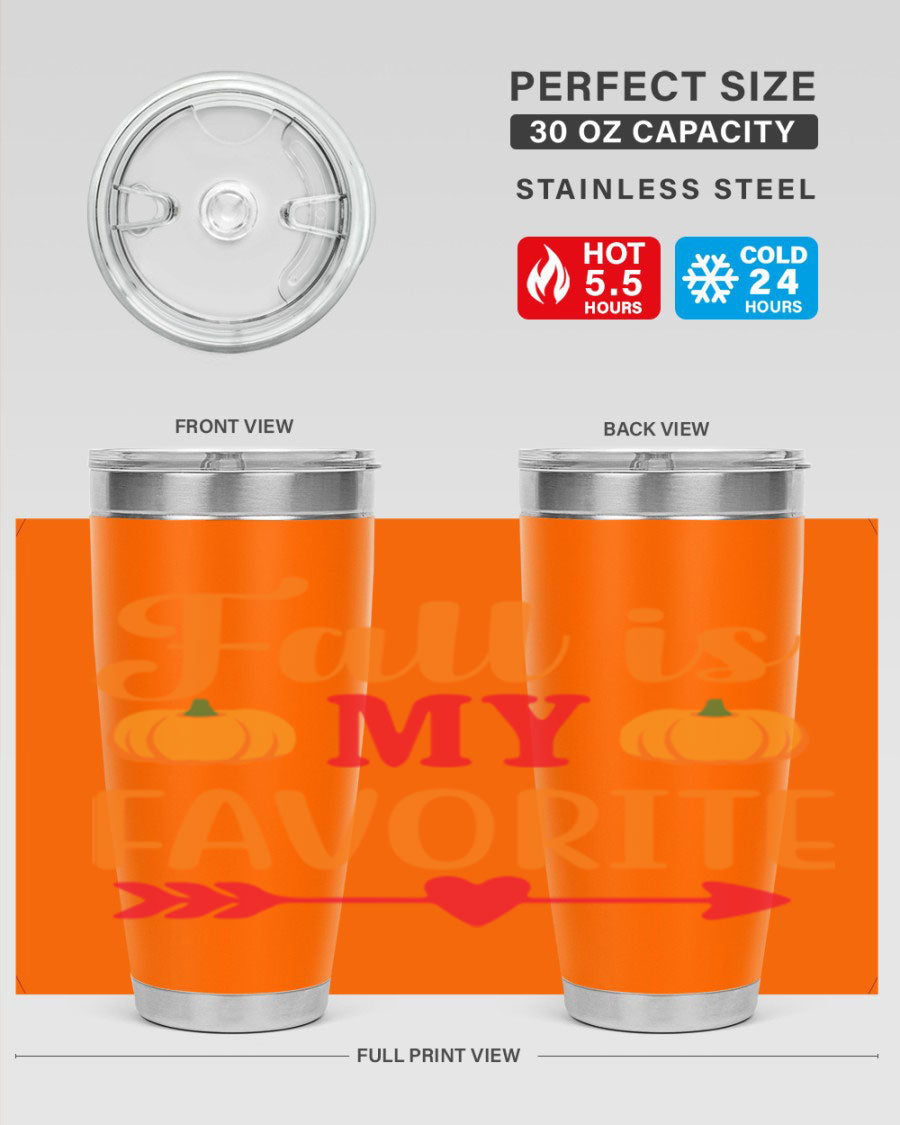 FallisMyFavorite 20oz tumbler in stainless steel with a drink-thru lid, showcasing its sleek design and insulation features.