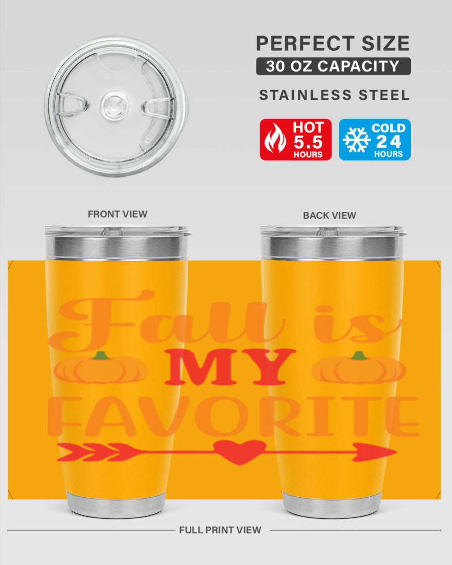 FallisMyFavorite 20oz tumbler in stainless steel with a drink-thru lid, showcasing its sleek design and insulation features.