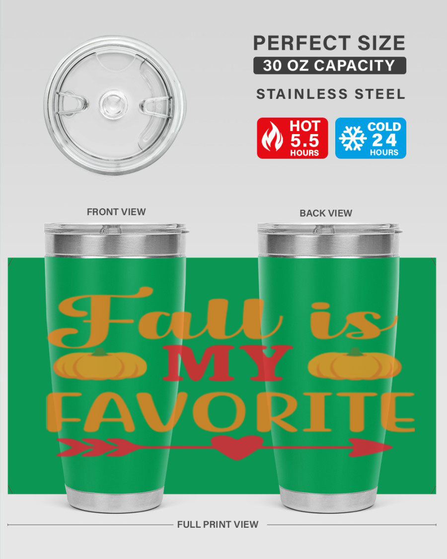FallisMyFavorite 20oz tumbler in stainless steel with a drink-thru lid, showcasing its sleek design and insulation features.
