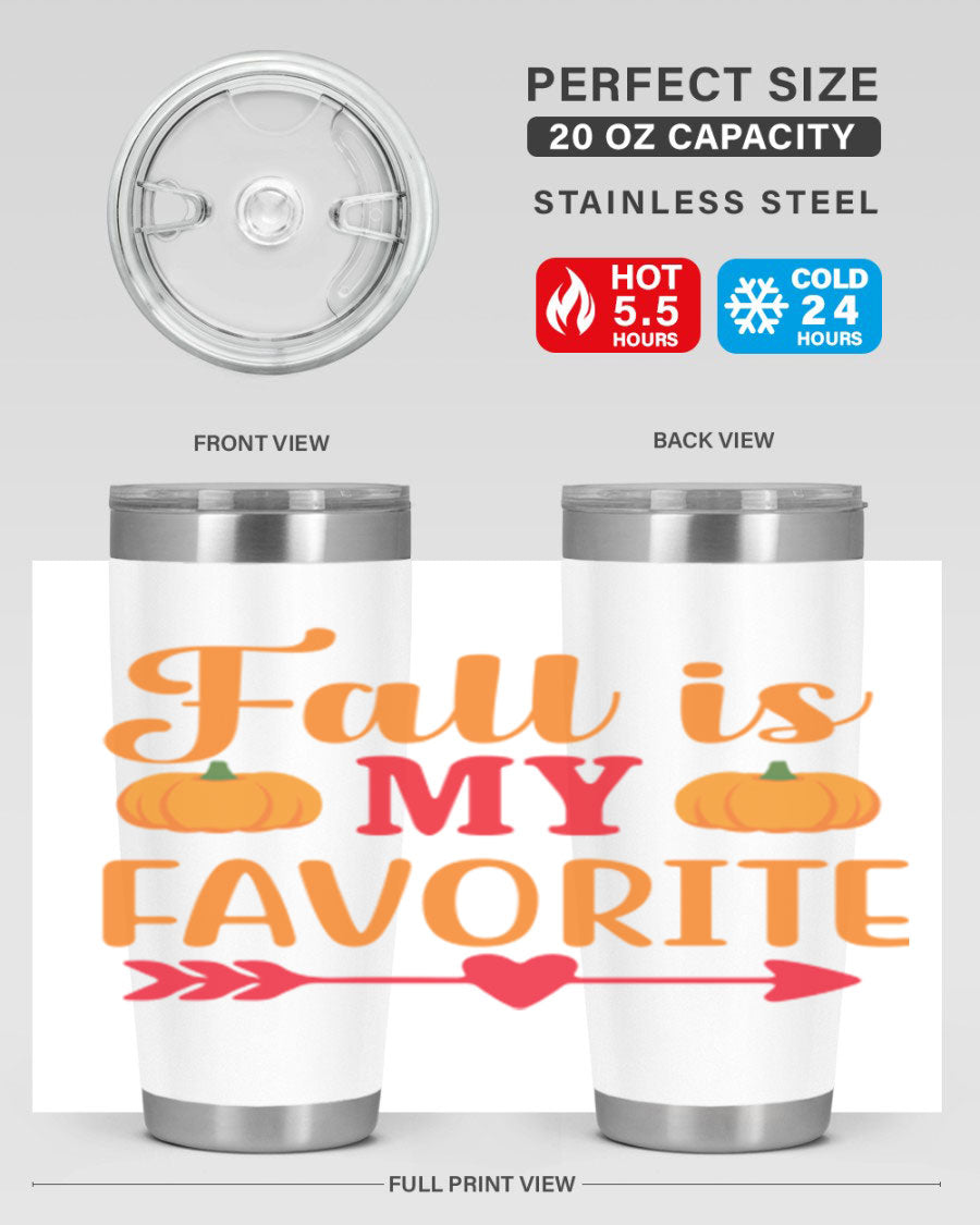 FallisMyFavorite 20oz tumbler in stainless steel with a drink-thru lid, showcasing its sleek design and insulation features.