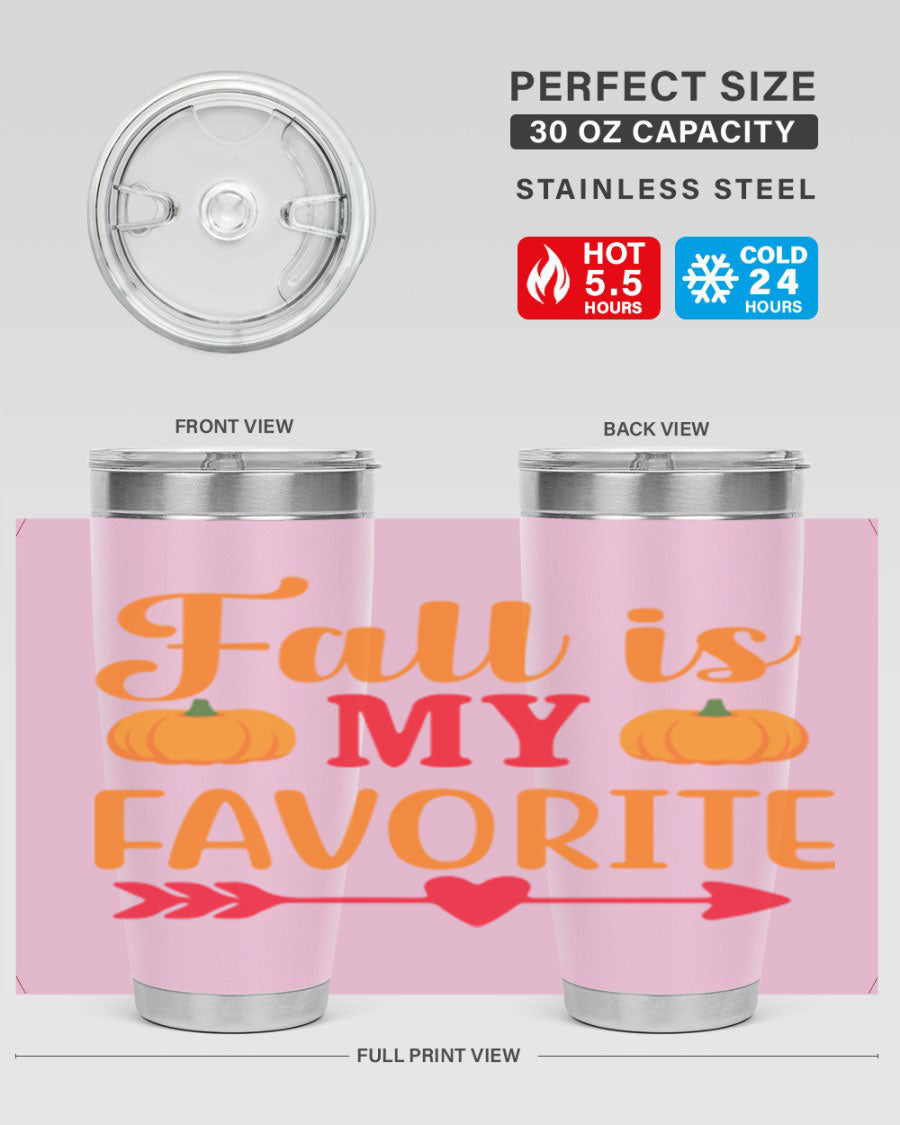 FallisMyFavorite 20oz tumbler in stainless steel with a drink-thru lid, showcasing its sleek design and insulation features.