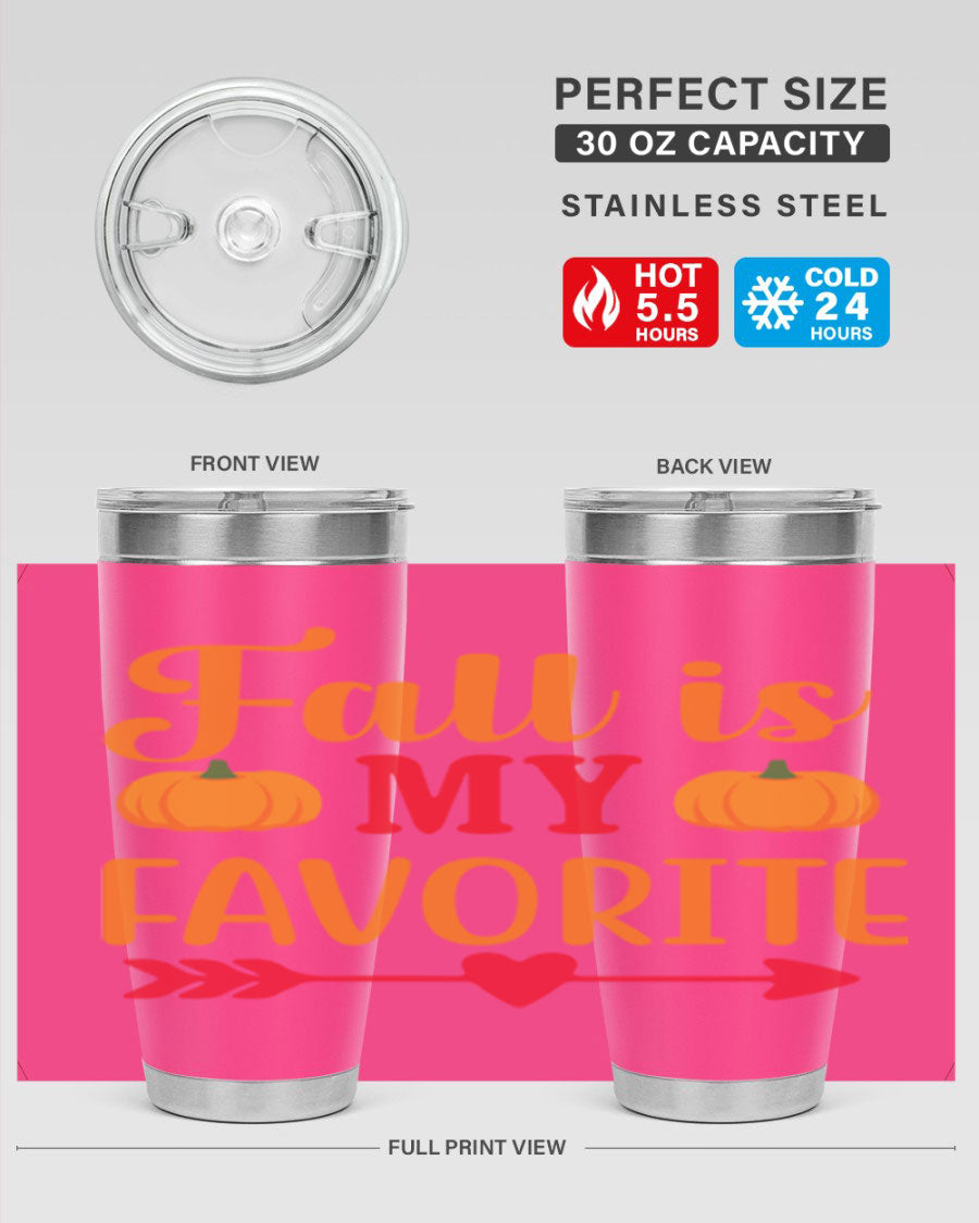 FallisMyFavorite 20oz tumbler in stainless steel with a drink-thru lid, showcasing its sleek design and insulation features.