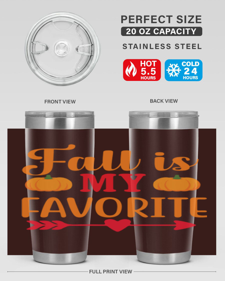 FallisMyFavorite 20oz tumbler in stainless steel with a drink-thru lid, showcasing its sleek design and insulation features.