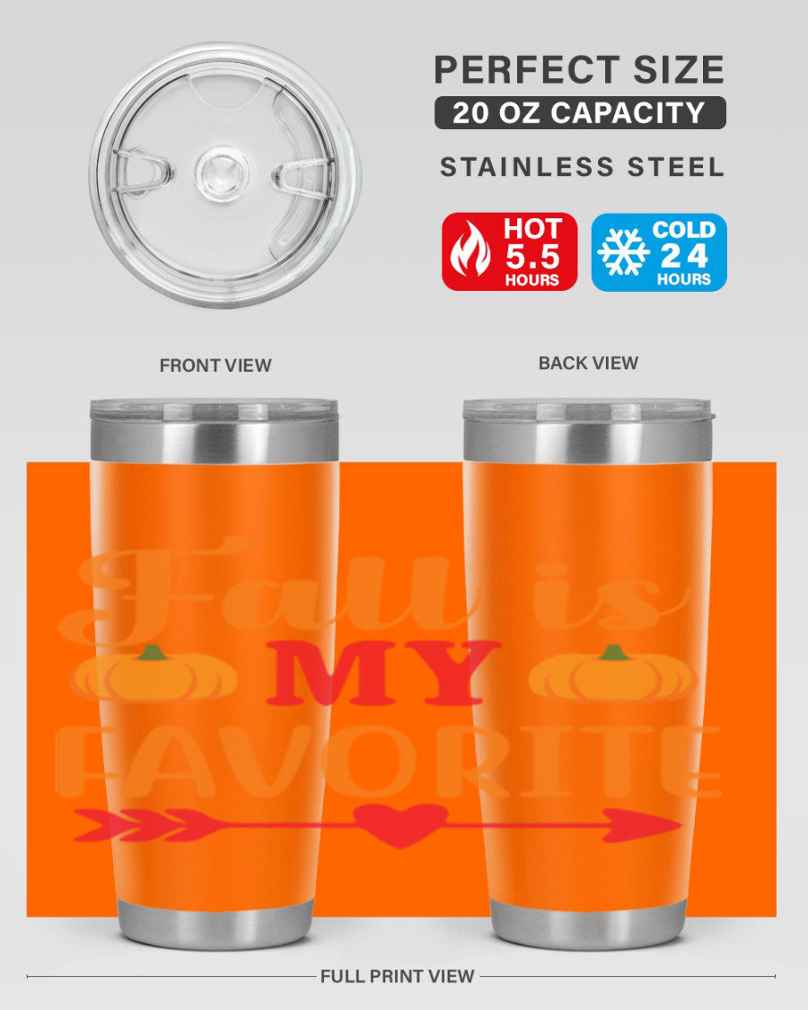FallisMyFavorite 20oz tumbler in stainless steel with a drink-thru lid, showcasing its sleek design and insulation features.