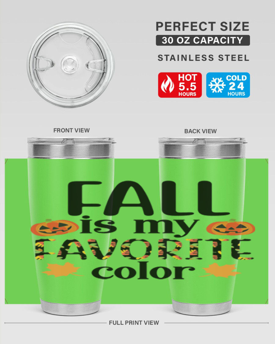 Fallismyfavoritecolor 157# Tumbler in stainless steel with a vibrant fall-themed design, featuring a press-in lid and double wall vacuum insulation.