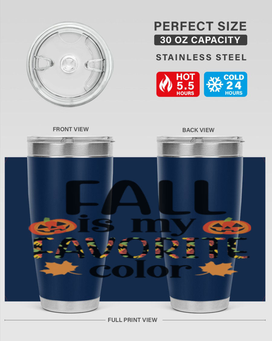 Fallismyfavoritecolor 157# Tumbler in stainless steel with a vibrant fall-themed design, featuring a press-in lid and double wall vacuum insulation.