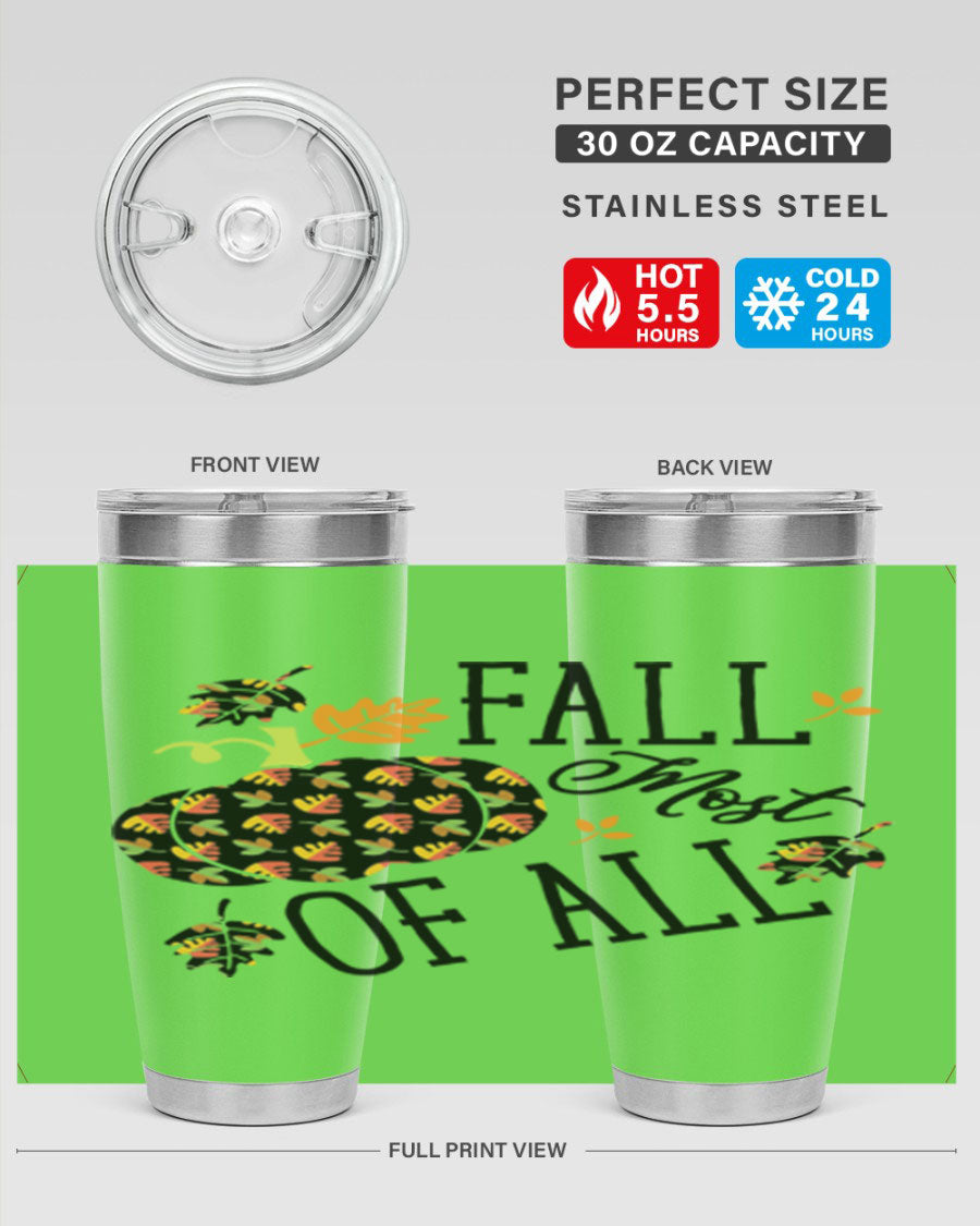 Fallmostofall 20oz tumbler made of stainless steel with a copper lining, featuring a press-in drink-thru lid, ideal for hot and cold beverages.